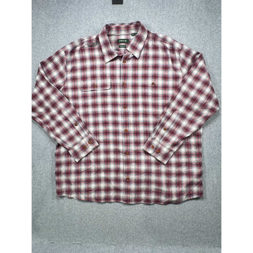 Orvis Active Fit Mens XXL Red White Blue Plaid Long Sleeve Button Down Shirt
